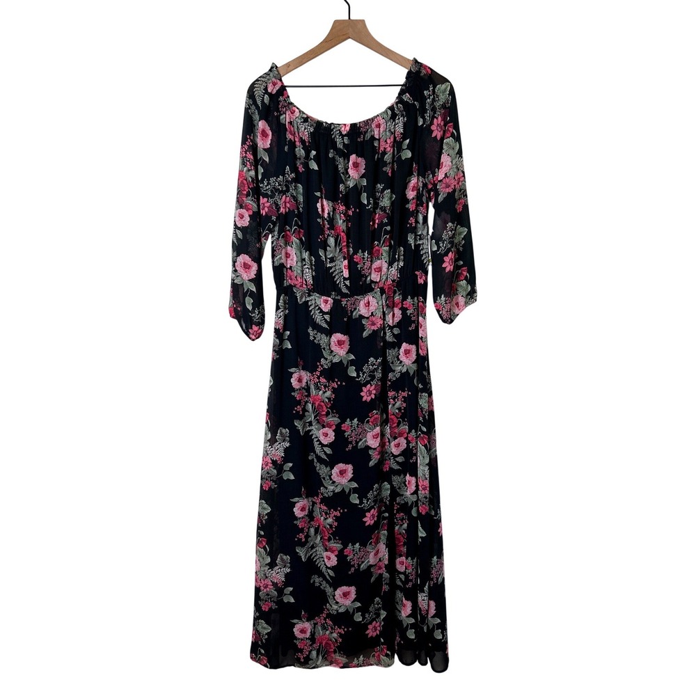 Nine West Womens Floral Midi Dress Size 14 Black Pink Mist  Cottagecore NEW